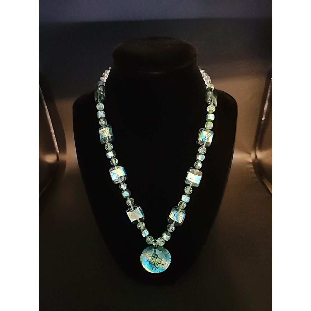 Vintage Handcrafted Art Glass Beaded  Necklace Green, Blue, Metallic Foil  21"